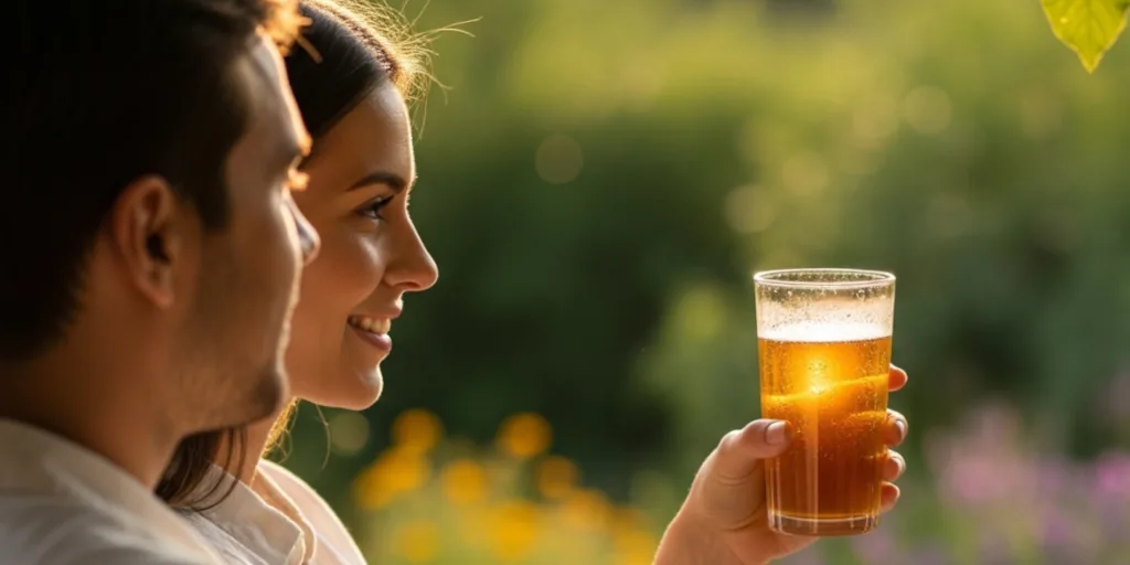 Pareja disfrutando kéfir de agua casero en un ambiente natural