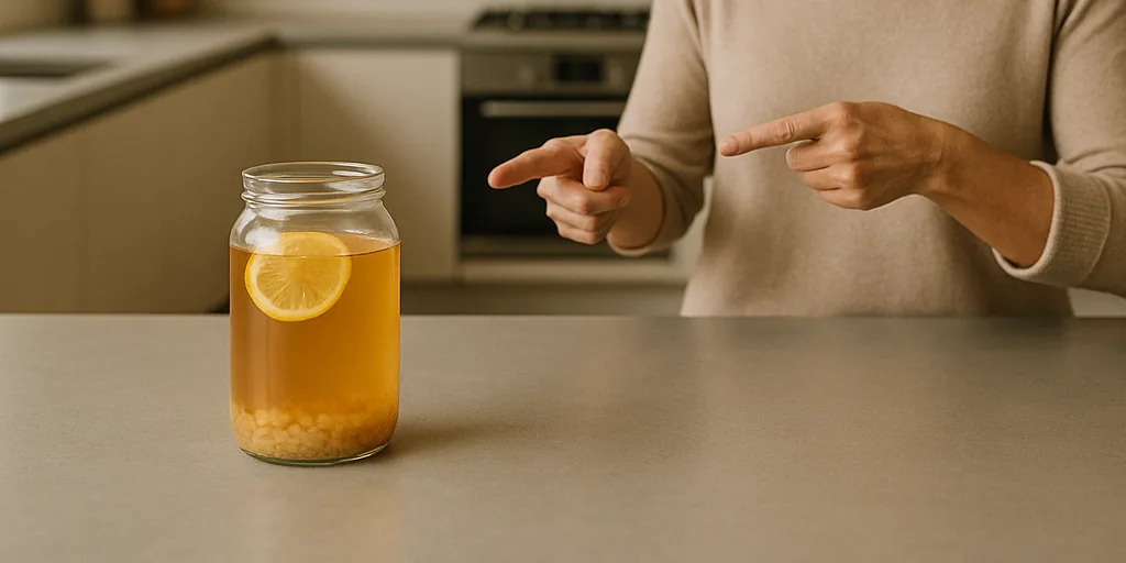 Dos manos apuntando a un frasco de kéfir de agua en fermentación