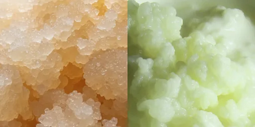Comparación visual entre nódulos de kéfir de agua y de leche